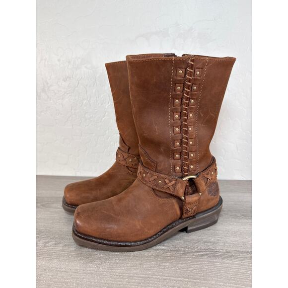 Harley Davidson Wmns 7 Brown Suede Leather Auburn Harness Stud Motorcycle Boots - Picture 1 of 9